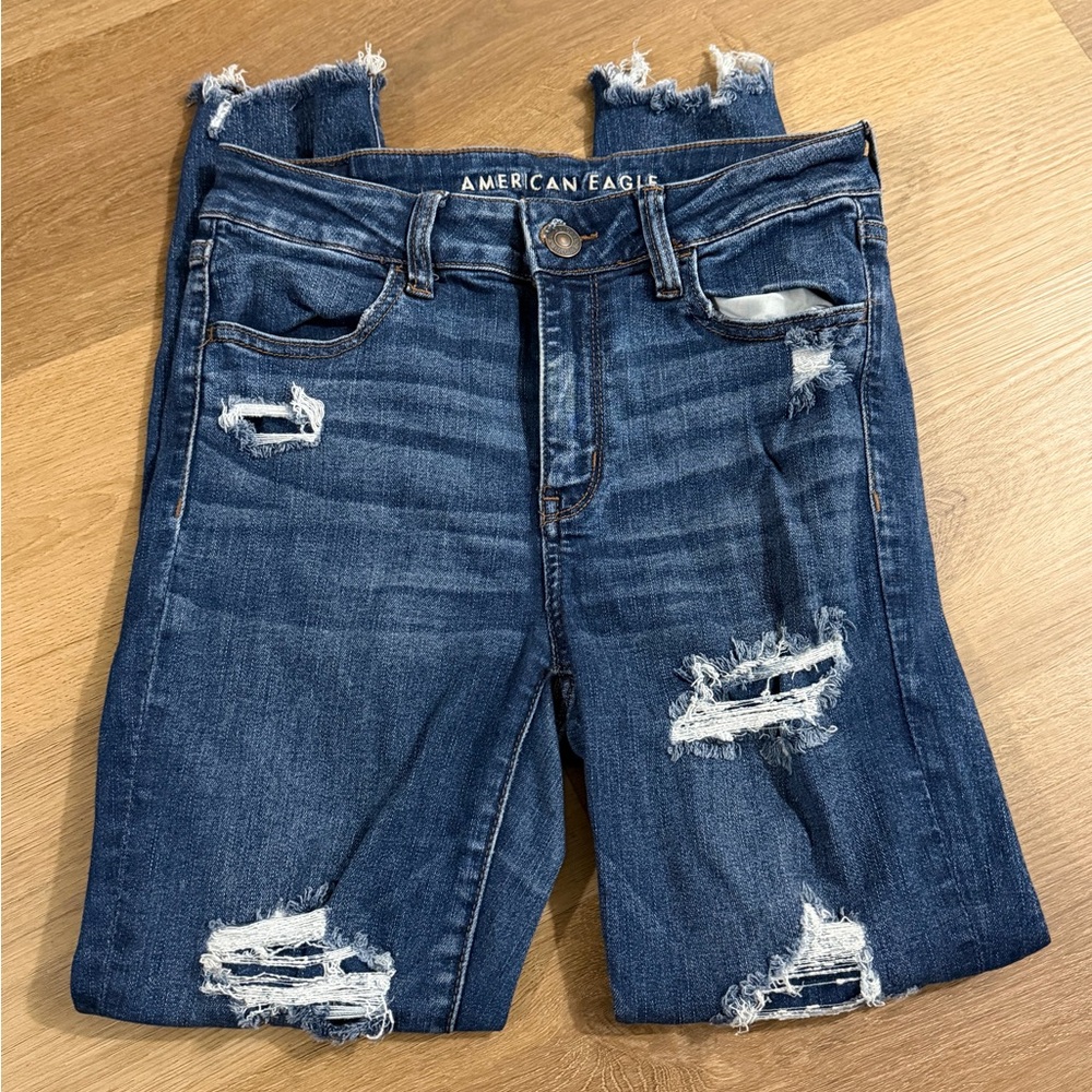 American Eagle Outfitters Raw Hem Distressed Blue Cropped Jeans
